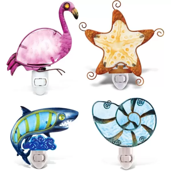 CoTa Global Ocean Life Night Lights  Shell Flamingo Shark and Starfish Home Dcor Wall Plug in Night Lights with Switch Decorative Hand Made Metal Glass Nightlights for Home  4 Pieces Pack