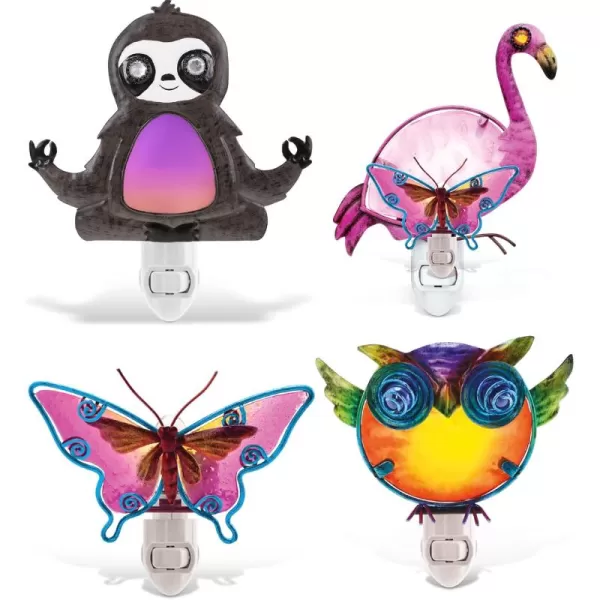 CoTa Global Wildlife Nightlights  Butterfly Owl Flamingo Sloth Home Decor Wall Plug in Night Lights with Switch Decorative Metal Glass Nightlights for Bathroom Kitchen Bedroom  4 Pcs Set