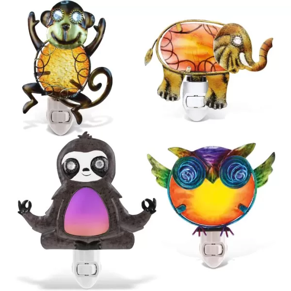 CoTa Global Wildlife Nightlights  Owl Elephant Monkey Sloth Home Decor Wall Plug in Night Lights with Switch Decorative Metal Glass Nightlights for Bathroom Nursery Bedroom  4 Pieces Set