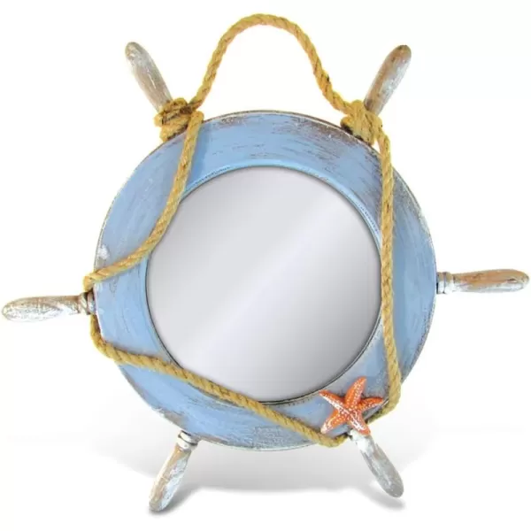 Puzzled COTA Global Pacific Mirror Boat Wheel Nautical Decor  Nautical Themed Wood Mirror Beach Decor for Wall Novelty Blue Boat Wheel Mirror with Rope and Starfish Wooden Figure