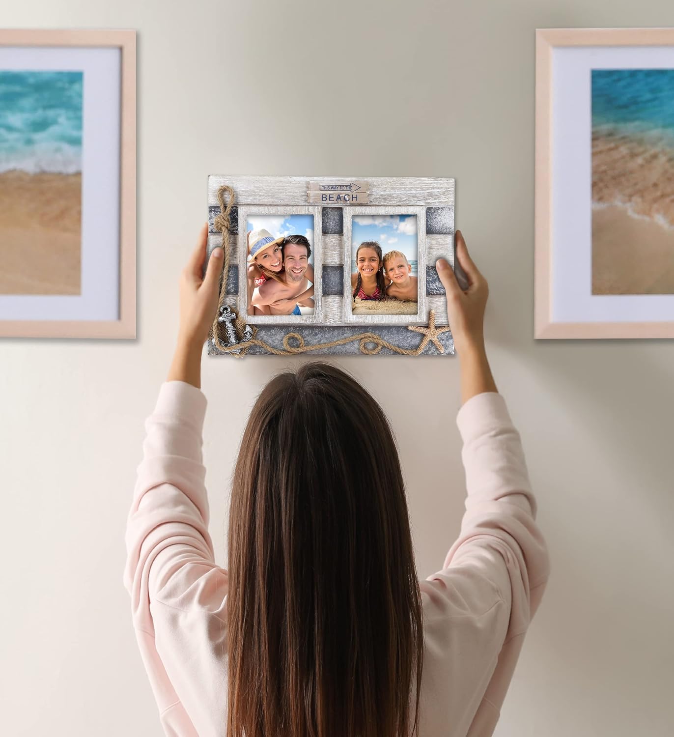 CoTa Global Silver Sea Double Photo Frame 35x5  Handcrafted Wooden Nautical Photo Frame for Tabletop Display or Hanging Beach Themed Home Decor Color May Vary