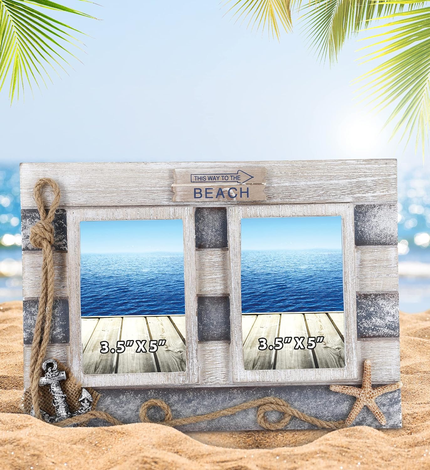 CoTa Global Silver Sea Double Photo Frame 35x5  Handcrafted Wooden Nautical Photo Frame for Tabletop Display or Hanging Beach Themed Home Decor Color May Vary