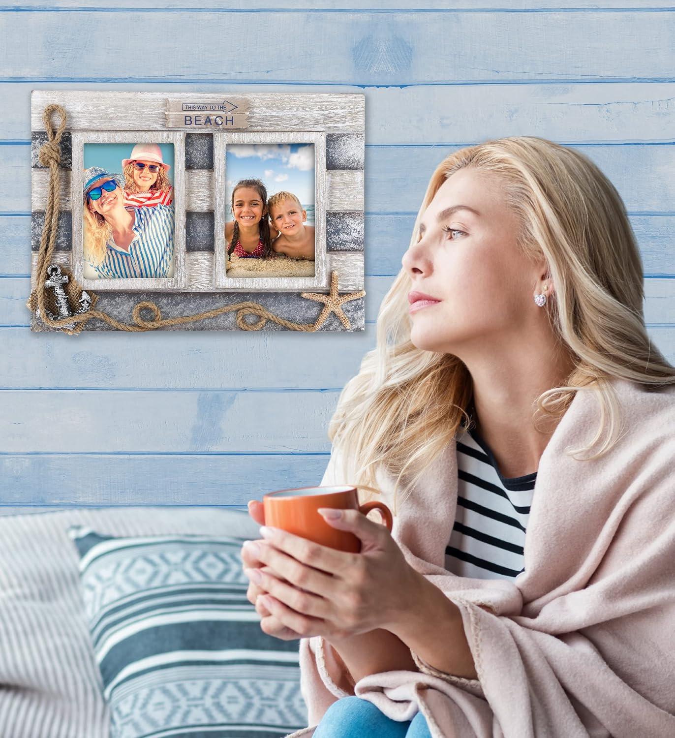 CoTa Global Silver Sea Double Photo Frame 35x5  Handcrafted Wooden Nautical Photo Frame for Tabletop Display or Hanging Beach Themed Home Decor Color May Vary