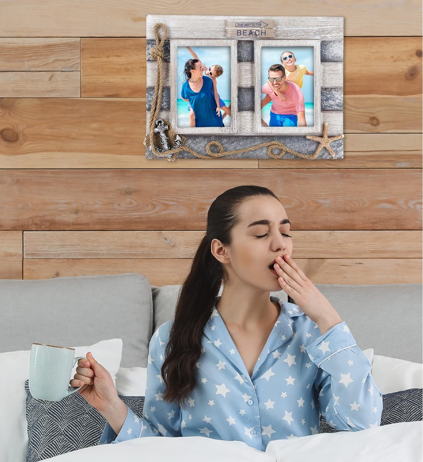 CoTa Global Silver Sea Double Photo Frame 35x5  Handcrafted Wooden Nautical Photo Frame for Tabletop Display or Hanging Beach Themed Home Decor Color May Vary