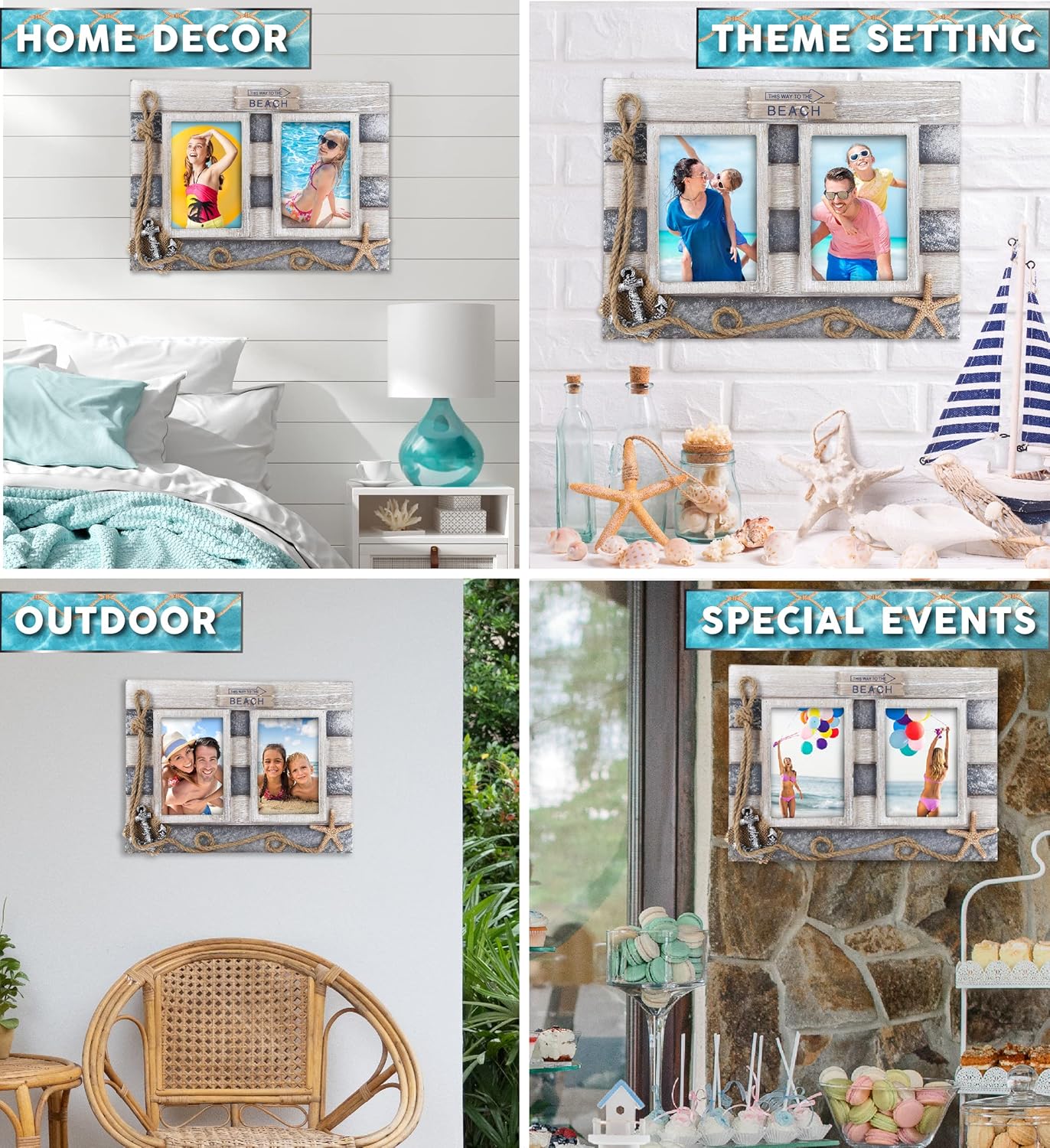 CoTa Global Silver Sea Double Photo Frame 35x5  Handcrafted Wooden Nautical Photo Frame for Tabletop Display or Hanging Beach Themed Home Decor Color May Vary