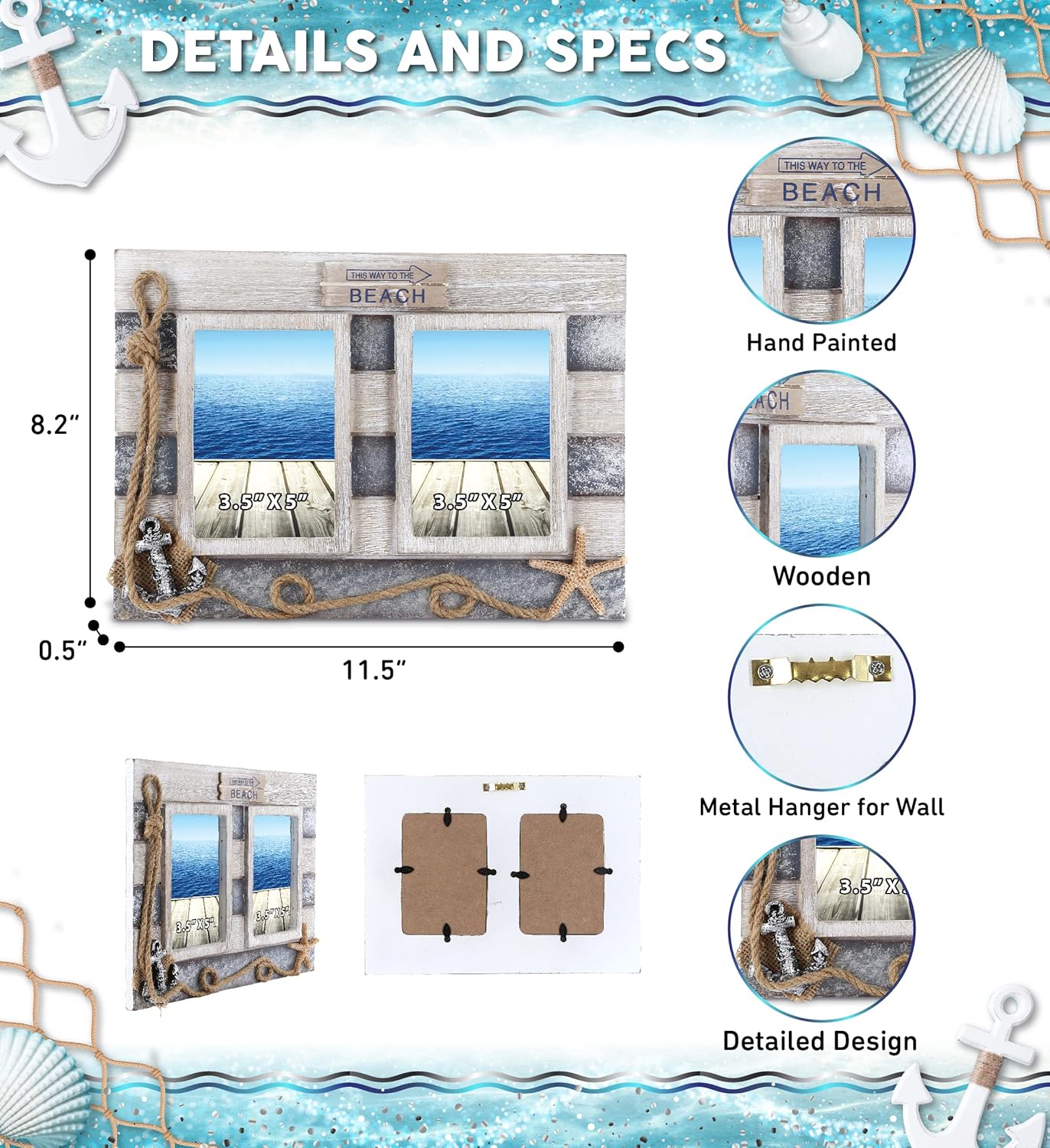 CoTa Global Silver Sea Double Photo Frame 35x5  Handcrafted Wooden Nautical Photo Frame for Tabletop Display or Hanging Beach Themed Home Decor Color May Vary