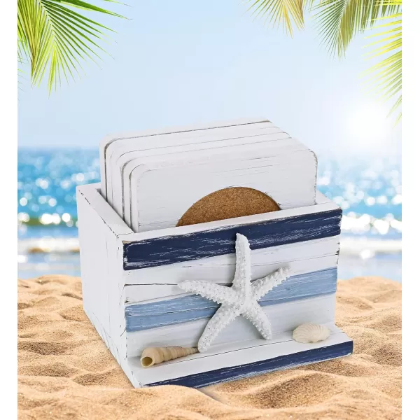 COTA Global Blue Stripes Nautical Wooden Coaster Set  Table Top Centerpiece Coastal Decor for Kitchen Home Beach House Rustic Decorative 6 Coasters Set with Holder  Handmade Color May Vary
