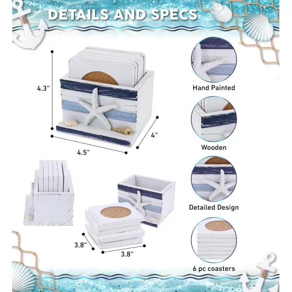 COTA Global Blue Stripes Nautical Wooden Coaster Set  Table Top Centerpiece Coastal Decor for Kitchen Home Beach House Rustic Decorative 6 Coasters Set with Holder  Handmade Color May Vary