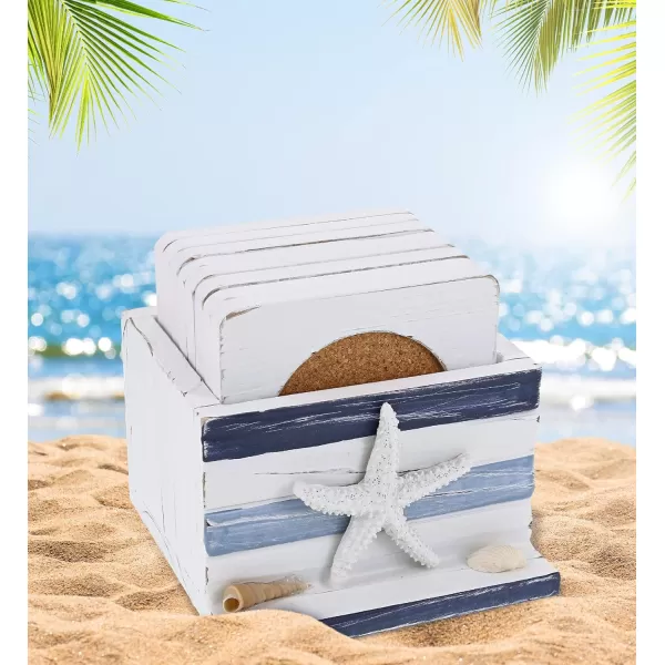 COTA Global Blue Stripes Nautical Wooden Coaster Set  Table Top Centerpiece Coastal Decor for Kitchen Home Beach House Rustic Decorative 8 Coasters Set with Holder  Handmade Color May Vary
