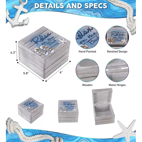 CoTa Global Aqua Sky Relax Wooden Box  Large Handcrafted Nautical Trinket with Sandals and Starfish Decoration Accent Tabletop Home Decor Beach Jewelry Store Organizer