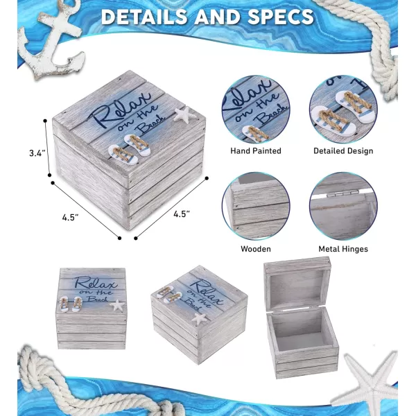 CoTa Global Aqua Sky Relax Wooden Box  Medium Handcrafted Nautical Trinket with Sandals and Starfish Decoration Accent Tabletop Home Decor Beach Jewelry Store Organizer