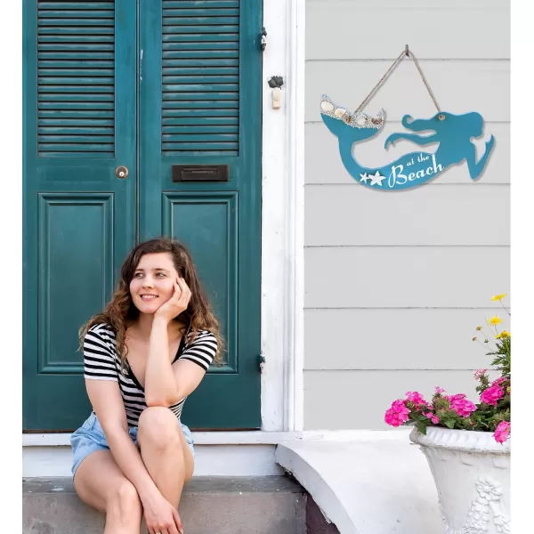 CoTa Global Aqua Sky Wall Decor Mermaid Hanging Sign  Handmade and Crafted Wooden Mermaid Sign with Rope for Hanging Nautical Themed Home Decor  Handmade Color May Vary