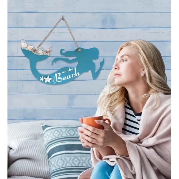 CoTa Global Aqua Sky Wall Decor Mermaid Hanging Sign  Handmade and Crafted Wooden Mermaid Sign with Rope for Hanging Nautical Themed Home Decor  Handmade Color May Vary
