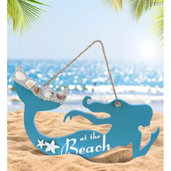CoTa Global Aqua Sky Wall Decor Mermaid Hanging Sign  Handmade and Crafted Wooden Mermaid Sign with Rope for Hanging Nautical Themed Home Decor  Handmade Color May Vary