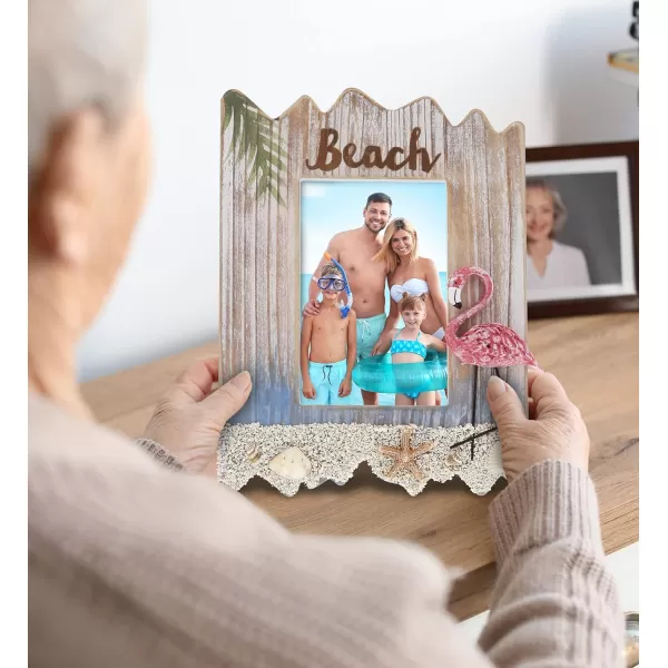 CoTa Global Flamingo Beach 4x6 Frame  White Distressed Wood Seashell Photo Frame for Summer Vacation Memory Handmade Tropical Sand Nautical Picture Frame For Tabletop or Wall Hang  10 Inches
