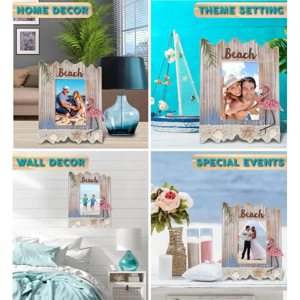 CoTa Global Flamingo Beach 4x6 Frame  White Distressed Wood Seashell Photo Frame for Summer Vacation Memory Handmade Tropical Sand Nautical Picture Frame For Tabletop or Wall Hang  10 Inches