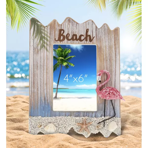 CoTa Global Flamingo Beach 4x6 Frame  White Distressed Wood Seashell Photo Frame for Summer Vacation Memory Handmade Tropical Sand Nautical Picture Frame For Tabletop or Wall Hang  10 Inches