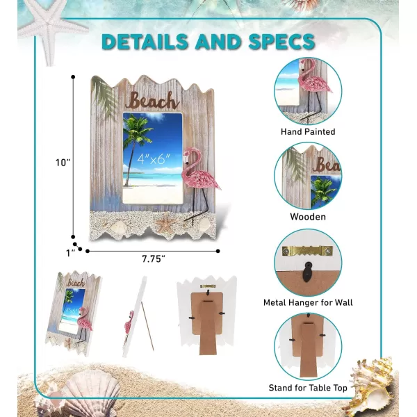 CoTa Global Flamingo Beach 4x6 Frame  White Distressed Wood Seashell Photo Frame for Summer Vacation Memory Handmade Tropical Sand Nautical Picture Frame For Tabletop or Wall Hang  10 Inches