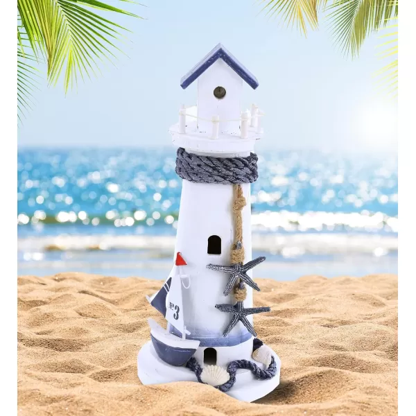 CoTa Global Ocean Blue Lighthouse Decor  Handmade and Crafted Wooden Lighthouse Decoration with Blue Starfish and Sailboat Figure Decorative Beach Style Tabletop Centerpiece