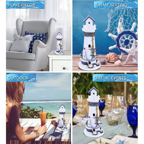 CoTa Global Ocean Blue Lighthouse Decor  Handmade and Crafted Wooden Lighthouse Decoration with Blue Starfish and Sailboat Figure Decorative Beach Style Tabletop Centerpiece