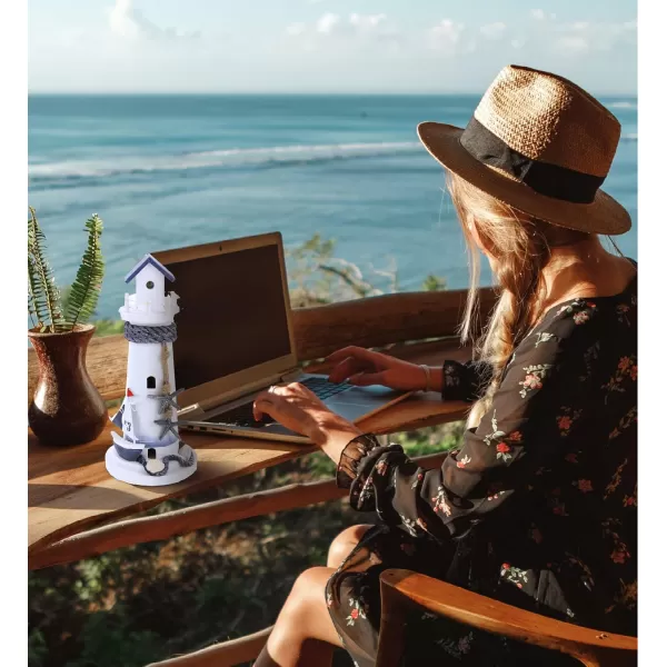 CoTa Global Ocean Blue Lighthouse Decor  Handmade and Crafted Wooden Lighthouse Decoration with Blue Starfish and Sailboat Figure Decorative Beach Style Tabletop Centerpiece