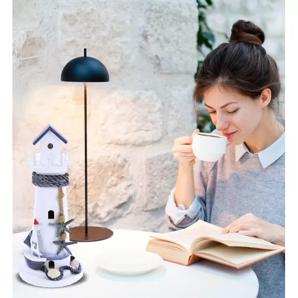 CoTa Global Ocean Blue Lighthouse Decor  Handmade and Crafted Wooden Lighthouse Decoration with Blue Starfish and Sailboat Figure Decorative Beach Style Tabletop Centerpiece