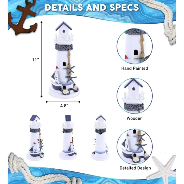 CoTa Global Ocean Blue Lighthouse Decor  Handmade and Crafted Wooden Lighthouse Decoration with Blue Starfish and Sailboat Figure Decorative Beach Style Tabletop Centerpiece