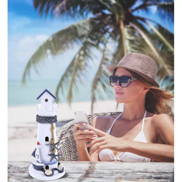 CoTa Global Ocean Blue Lighthouse Decor  Handmade and Crafted Wooden Lighthouse Decoration with Blue Starfish and Sailboat Figure Decorative Beach Style Tabletop Centerpiece
