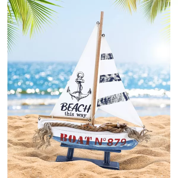 CoTa Global Ocean Blue Sailboat Decor  Large Handmade Wooden Boat Decor Cute Beach Style Model Sail Boat Decorations Nautical Themed Table Top Decor Living Room Centerpiece