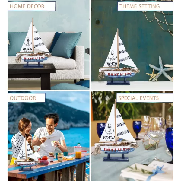 CoTa Global Ocean Blue Sailboat Decor  Large Handmade Wooden Boat Decor Cute Beach Style Model Sail Boat Decorations Nautical Themed Table Top Decor Living Room Centerpiece