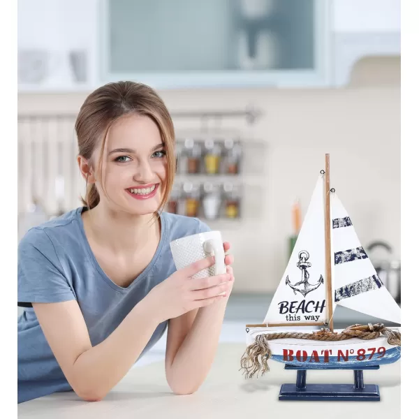 CoTa Global Ocean Blue Sailboat Decor  Large Handmade Wooden Boat Decor Cute Beach Style Model Sail Boat Decorations Nautical Themed Table Top Decor Living Room Centerpiece