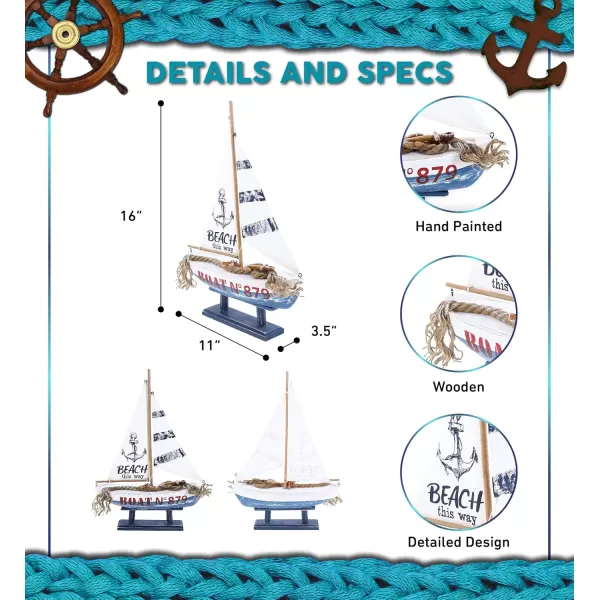 CoTa Global Ocean Blue Sailboat Decor  Large Handmade Wooden Boat Decor Cute Beach Style Model Sail Boat Decorations Nautical Themed Table Top Decor Living Room Centerpiece