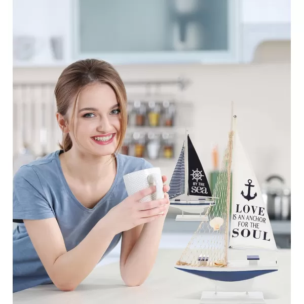 CoTa Global Ocean Blue Sailboat Decor Set of 2  Handmade Wooden Boat Decor Cute Beach Style Model Sail Boat Decorations Living Room Centerpiece  224 Inch