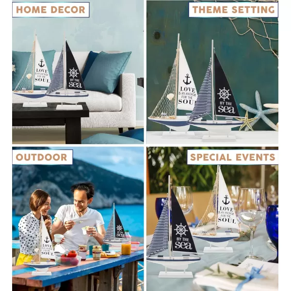 CoTa Global Ocean Blue Sailboat Decor Set of 2  Handmade Wooden Boat Decor Cute Beach Style Model Sail Boat Decorations Living Room Centerpiece  224 Inch