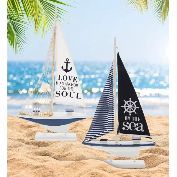 CoTa Global Ocean Blue Sailboat Decor Set of 2  Handmade Wooden Boat Decor Cute Beach Style Model Sail Boat Decorations Living Room Centerpiece  224 Inch