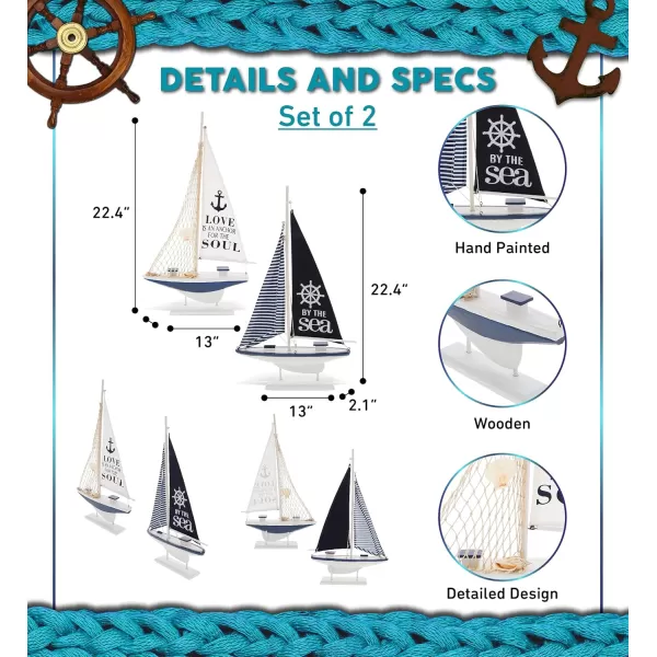 CoTa Global Ocean Blue Sailboat Decor Set of 2  Handmade Wooden Boat Decor Cute Beach Style Model Sail Boat Decorations Living Room Centerpiece  224 Inch