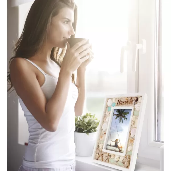 CoTa Global Oceanic 5x7 Beach Picture Frame  Beautiful Decor Accent Seashell Photo Frame for Summer Vacation Memory Handmade  For Tabletop or Wall Hang  11 Inch