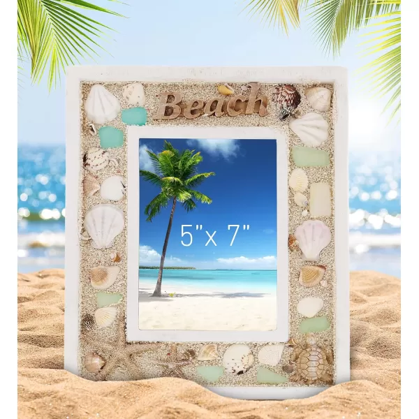 CoTa Global Oceanic 5x7 Beach Picture Frame  Beautiful Decor Accent Seashell Photo Frame for Summer Vacation Memory Handmade  For Tabletop or Wall Hang  11 Inch