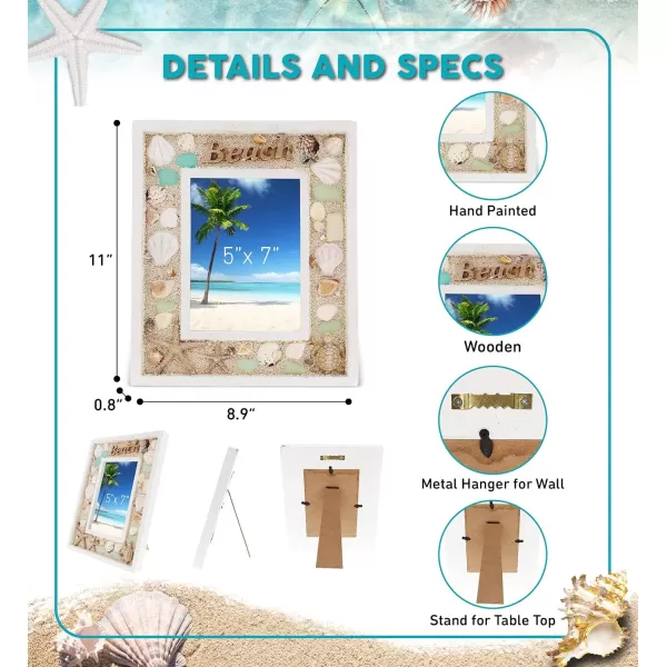 CoTa Global Oceanic 5x7 Beach Picture Frame  Beautiful Decor Accent Seashell Photo Frame for Summer Vacation Memory Handmade  For Tabletop or Wall Hang  11 Inch