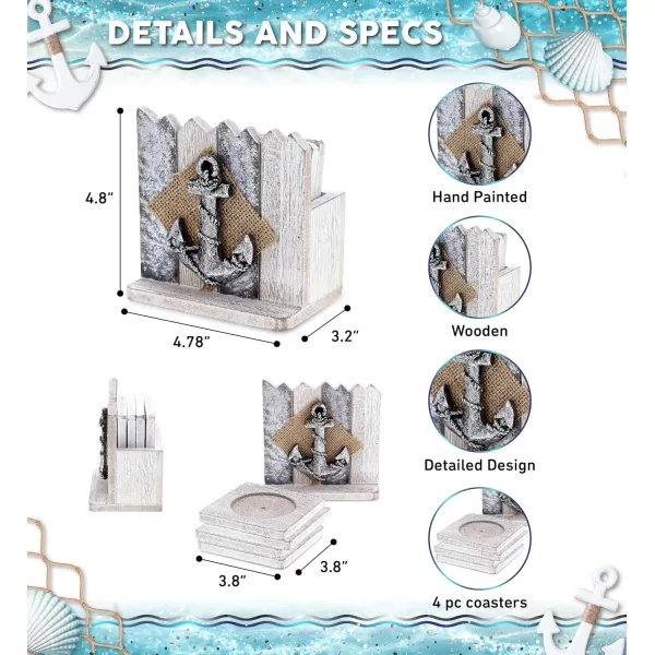 CoTa Global Silver Sea Beach Decor Anchor Coasters 4 Pcs Set  Handmade and Crafted Wooden Anchor Coaster Set for Table Nautical Themed Home Decor Boat Anchor Decorative Coastal Ornament Coaster Set