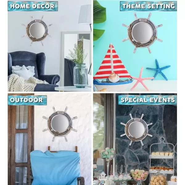 CoTa Global Silver Sea Beach Wall Decor Nautical Ship Wheel Mirror  Handcrafted Wooden Ship Wheel Mirror with Hanger Nautical Themed Home Decor Decorative Ornament