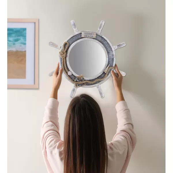 CoTa Global Silver Sea Beach Wall Decor Nautical Ship Wheel Mirror  Handcrafted Wooden Ship Wheel Mirror with Hanger Nautical Themed Home Decor Decorative Ornament