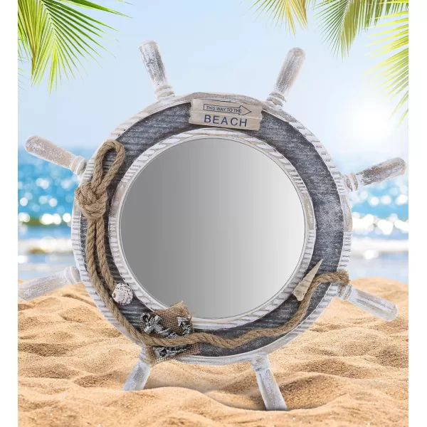 CoTa Global Silver Sea Beach Wall Decor Nautical Ship Wheel Mirror  Handcrafted Wooden Ship Wheel Mirror with Hanger Nautical Themed Home Decor Decorative Ornament