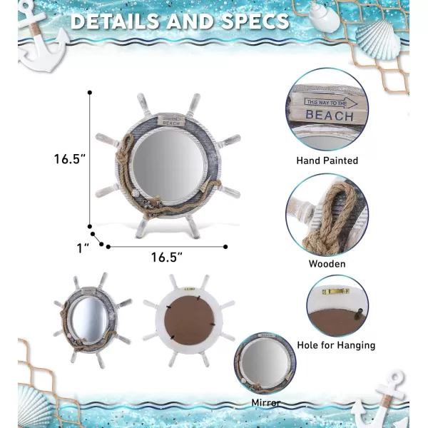 CoTa Global Silver Sea Beach Wall Decor Nautical Ship Wheel Mirror  Handcrafted Wooden Ship Wheel Mirror with Hanger Nautical Themed Home Decor Decorative Ornament