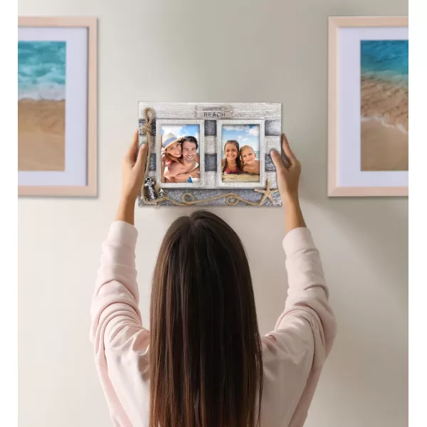 CoTa Global Silver Sea Double Photo Frame 35x5  Handcrafted Wooden Nautical Photo Frame for Tabletop Display or Hanging Beach Themed Home Decor Color May Vary