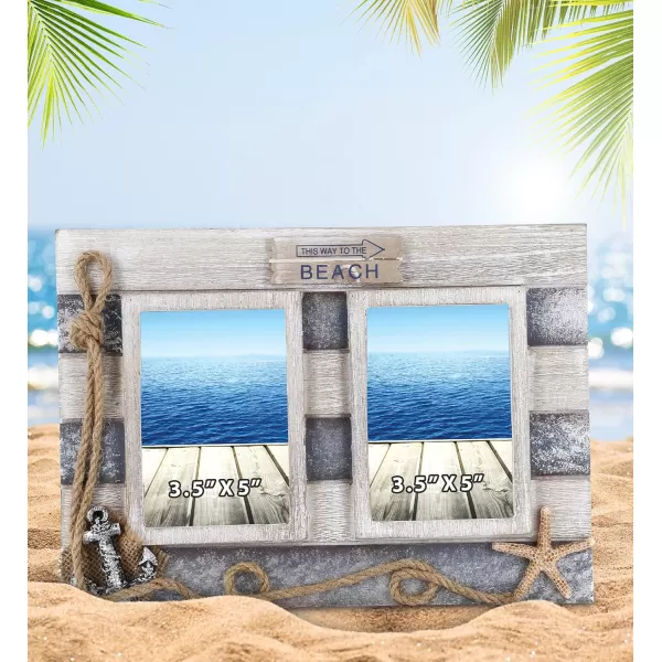 CoTa Global Silver Sea Double Photo Frame 35x5  Handcrafted Wooden Nautical Photo Frame for Tabletop Display or Hanging Beach Themed Home Decor Color May Vary