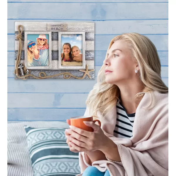 CoTa Global Silver Sea Double Photo Frame 35x5  Handcrafted Wooden Nautical Photo Frame for Tabletop Display or Hanging Beach Themed Home Decor Color May Vary