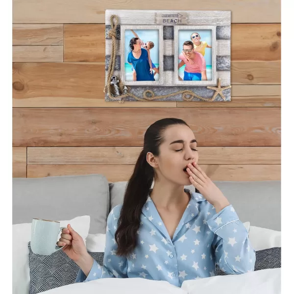 CoTa Global Silver Sea Double Photo Frame 35x5  Handcrafted Wooden Nautical Photo Frame for Tabletop Display or Hanging Beach Themed Home Decor Color May Vary