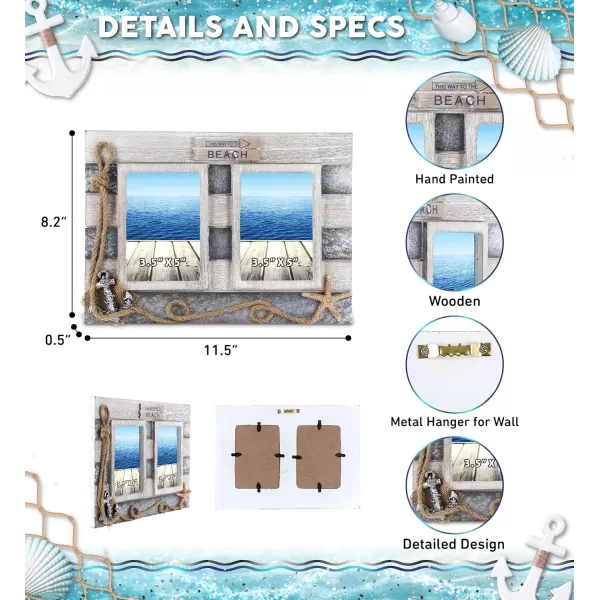 CoTa Global Silver Sea Double Photo Frame 35x5  Handcrafted Wooden Nautical Photo Frame for Tabletop Display or Hanging Beach Themed Home Decor Color May Vary
