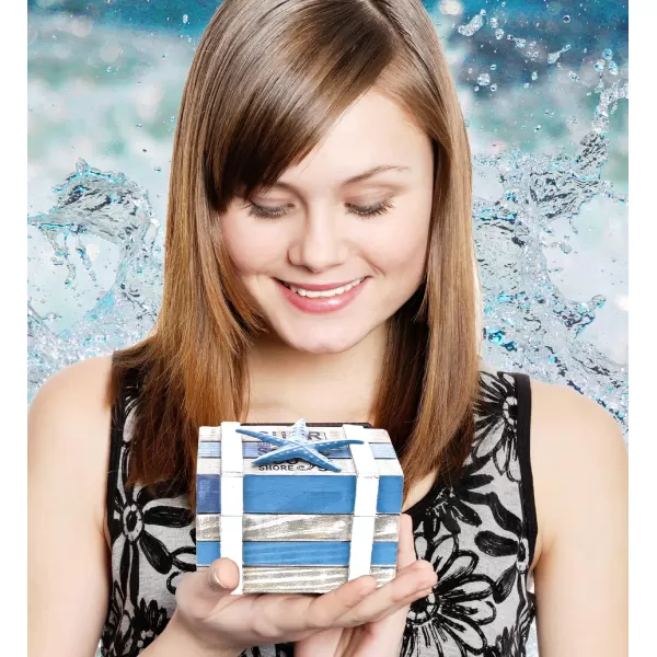 CoTa Global Sky Wooden Jewelry Box  Handcrafted Nautical Trinket with Starfish Decorations in White and Blue Accent Tabletop Home Decor Beach Starfish Jewelry Storage Organizer  445 Inches